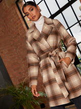 Check Padded Longline Belted Coat in Khaki
