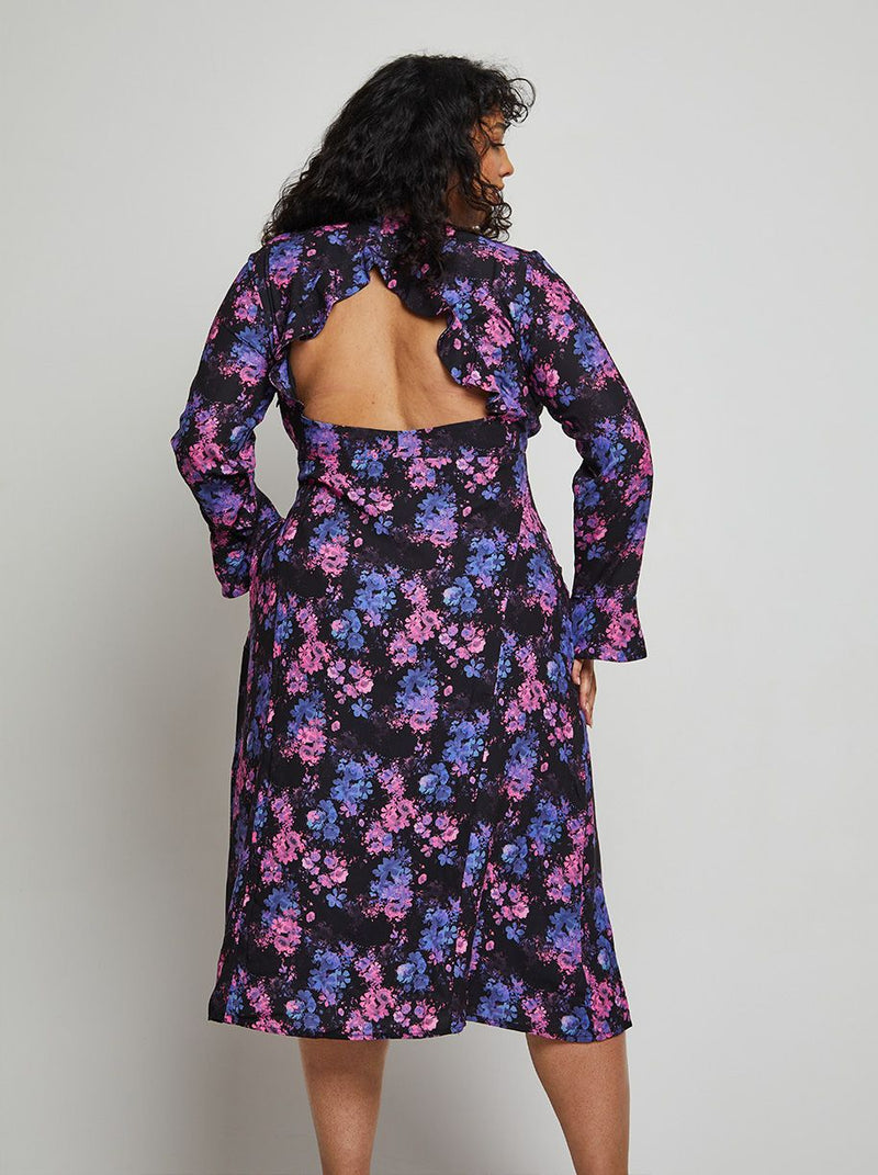 Plus Size Long Sleeve V Neck Floral Print Midi Dress in Black