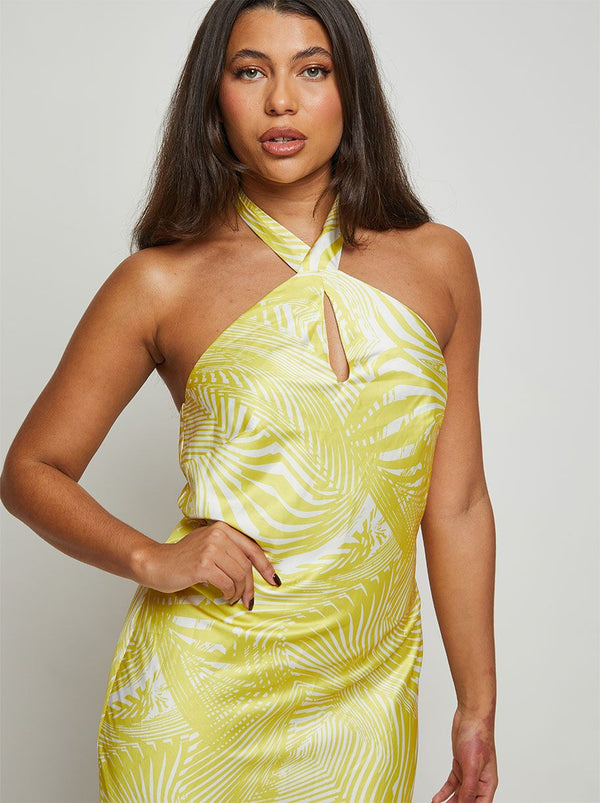 Halterneck Abstract Print Maxi Dress in Yellow