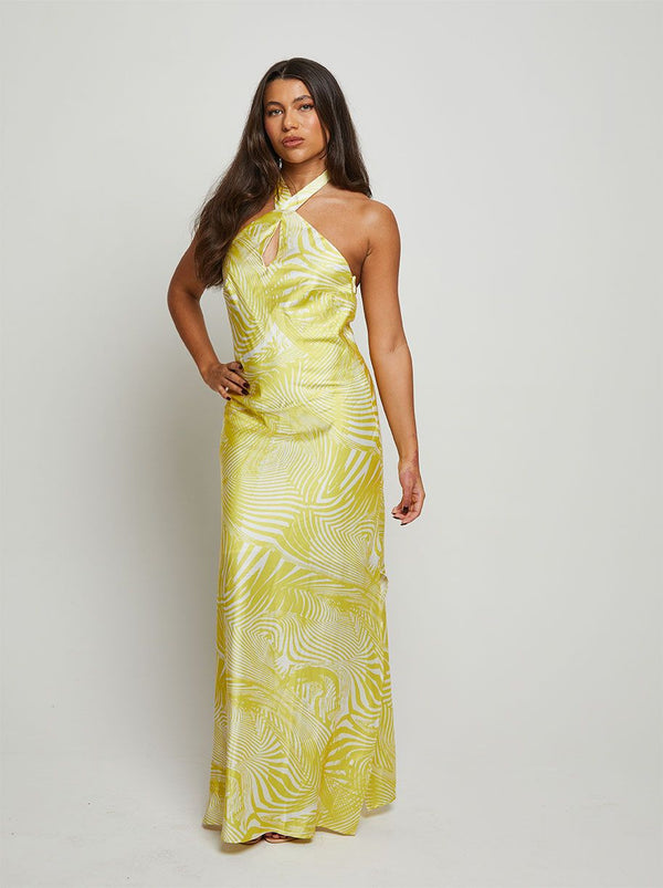 Halterneck Abstract Print Maxi Dress in Yellow
