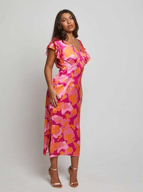 V Neck Ruffle Detail Abstract Print Midi Dress in Pink