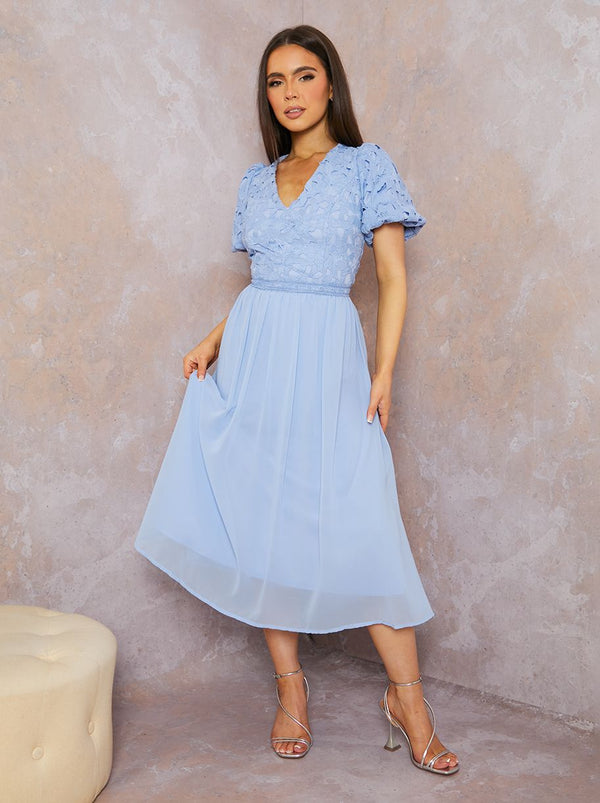 Puff Sleeve Premium Lace Midi Dress in Blue