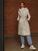 Diamond Quilted Longline Belted Gilet in Cream