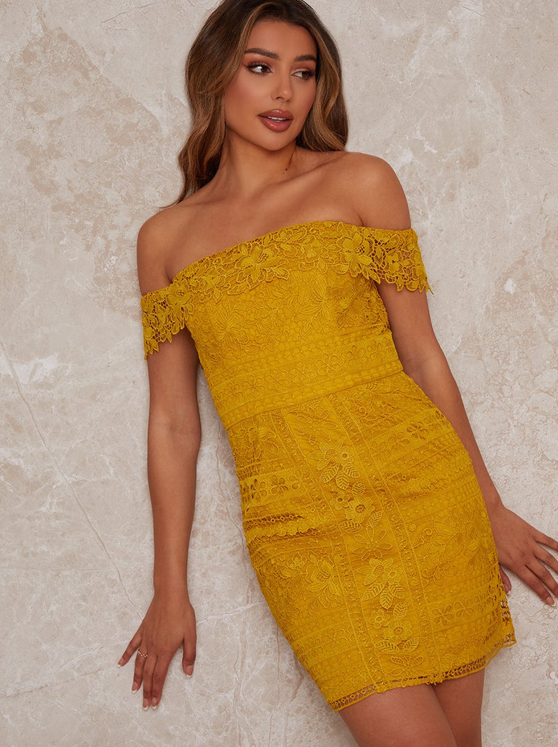 Cami Premium Lace Bodycon Mini Dress in Yellow