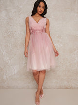 V neck Tulle Midi Dress in Pink