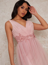 V neck Tulle Midi Dress in Pink