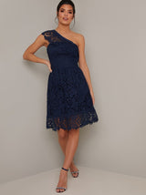 Lace Crochet Cross Shoulder Midi Dress in Blue