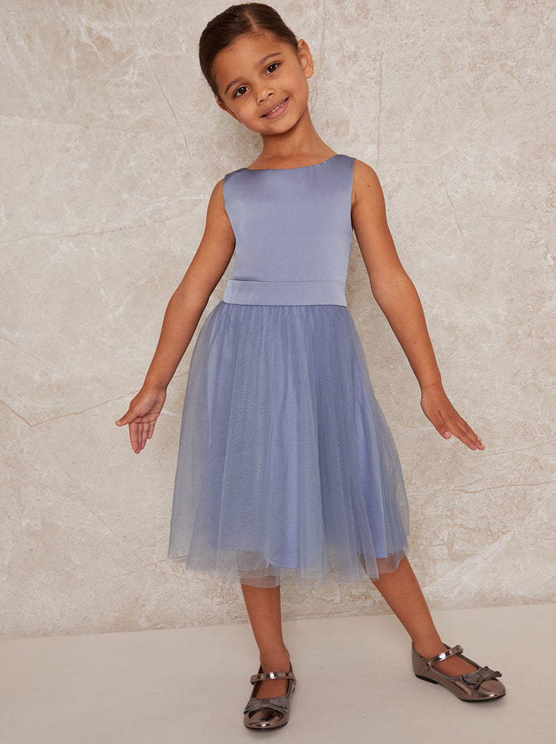 Younger Girls Satin Bodice Tulle Midi Dress In Blue