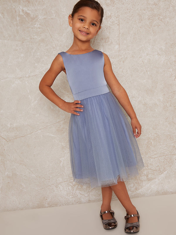 Younger Girls Satin Bodice Tulle Midi Dress In Blue