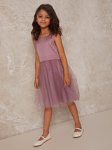 Girls Bow Detail Tulle Flowergirl Dress in Lilac