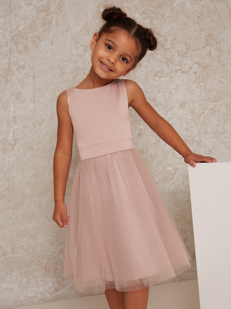 Younger Girls Bow Detail Tulle Dress in Pink