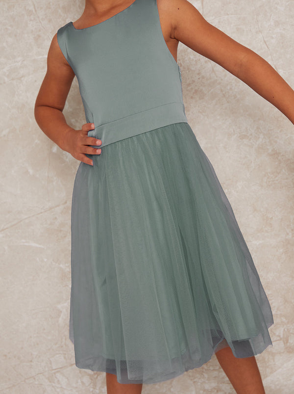 Girls Satin Bodice Tulle Skirt Dress in Green