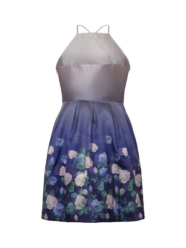 Plus Size Halter Neck Floral Print Dress in Blue