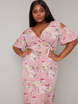 Plus Size Floral Wrap Detail Midi Dress in Pink