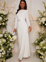 High Neck Long Sleeve Maxi Wedding Dress in White