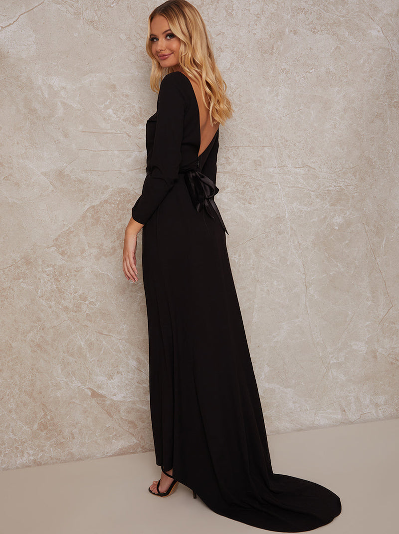 Petite Long Sleeve Backless Maxi Dress with Satin Waist Tie in Black