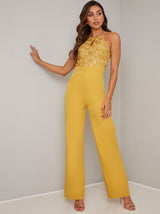 Lace Bodice Wide Leg Jumpsuit in Yellow