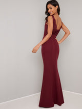 Open Back Lace Detail Bodycon Maxi Dress in Red