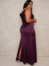 Plus Size Cowl Neck Satin Slip Maxi Dress in Purple