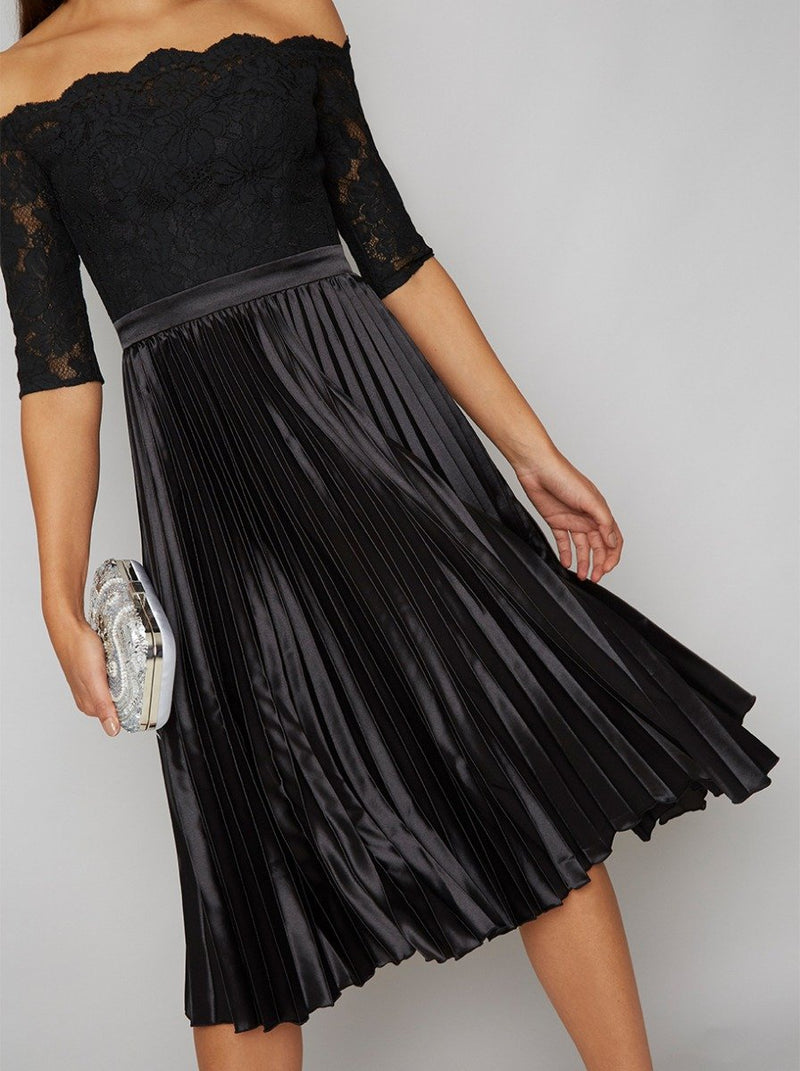 Bardot Lace Bodice Satin Pleat Midi Dress in Black
