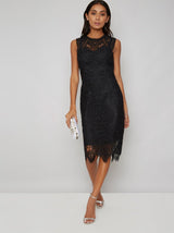 Crochet Lace Overlay Bodycon Midi Dress in Black