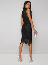 Crochet Lace Overlay Bodycon Midi Dress in Black