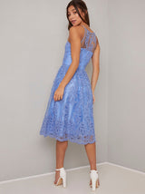 Cami Strap Lace Embroidered Midi Dress in Blue