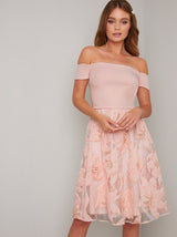 Bardot Fitted Bodice Embroidered Midi Dress in Pink