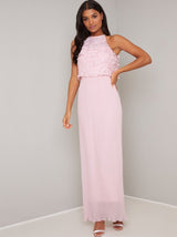 Floral Overlay Bodice Pleat Maxi Dress in Pink