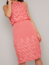 Sleeveless Floral 3D Design Midi Dress in Coral