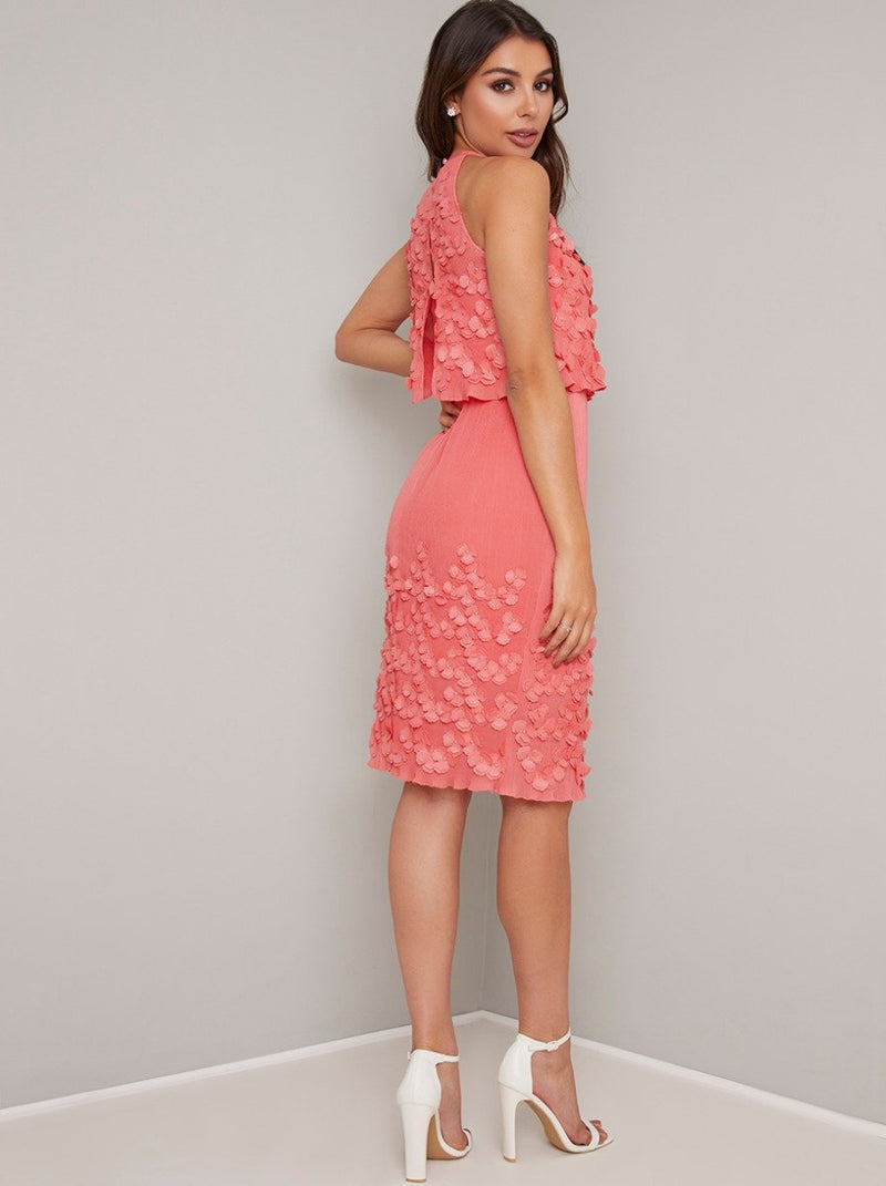Sleeveless Floral 3D Design Midi Dress in Coral