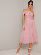 Bardot 3D Floral Detail Chiffon Midi Dress in Pink