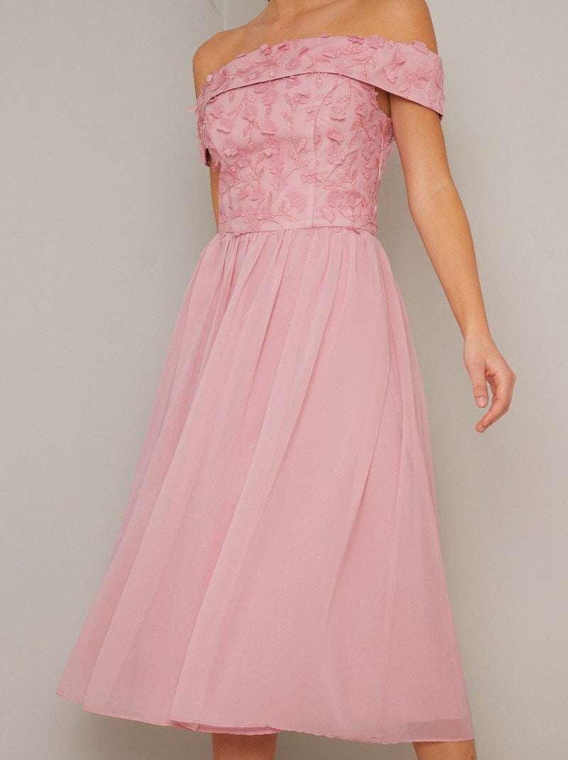 Bardot 3D Floral Detail Chiffon Midi Dress in Pink
