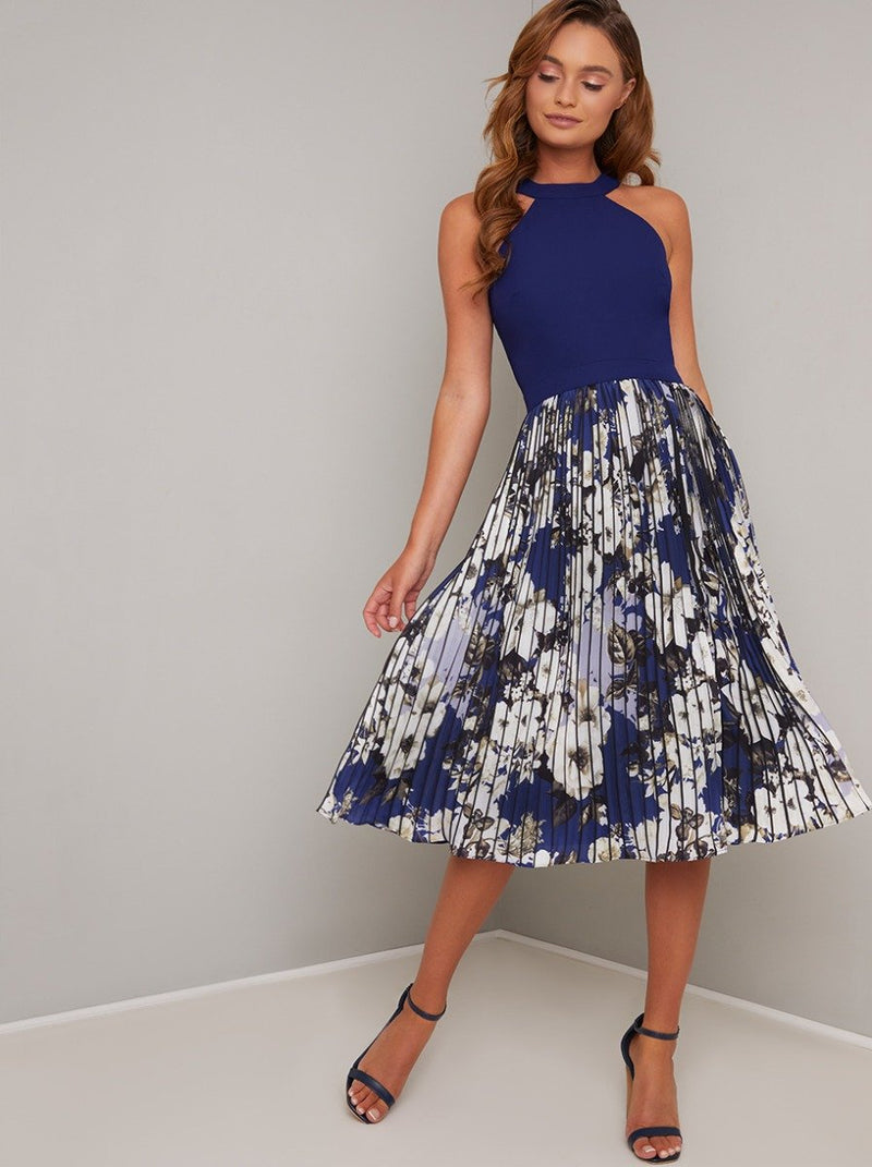 Halterneck Floral Print Pleat Midi Dress in Blue