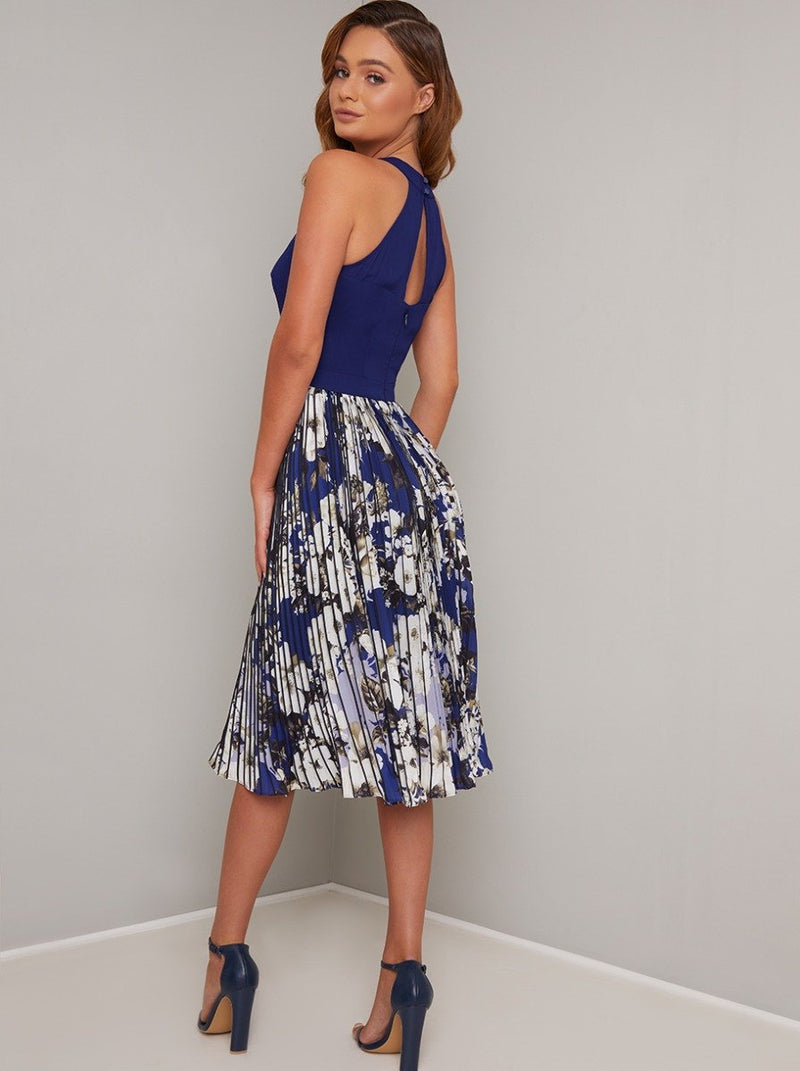 Halterneck Floral Print Pleat Midi Dress in Blue