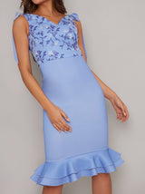 Lace Bodice Bodycon Tiered Hem Dress in Blue