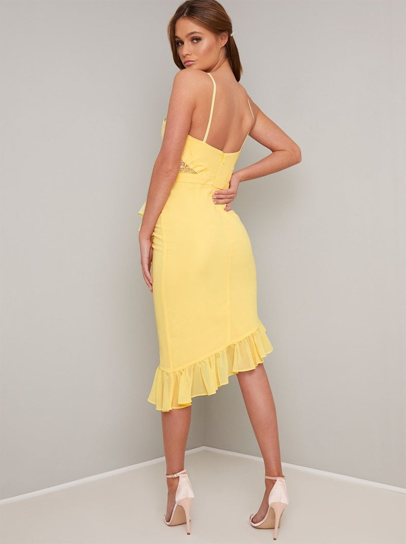 Ruffle Detail Fitted Midi Dress in Yellow
