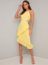 Ruffle Detail Fitted Midi Dress in Yellow