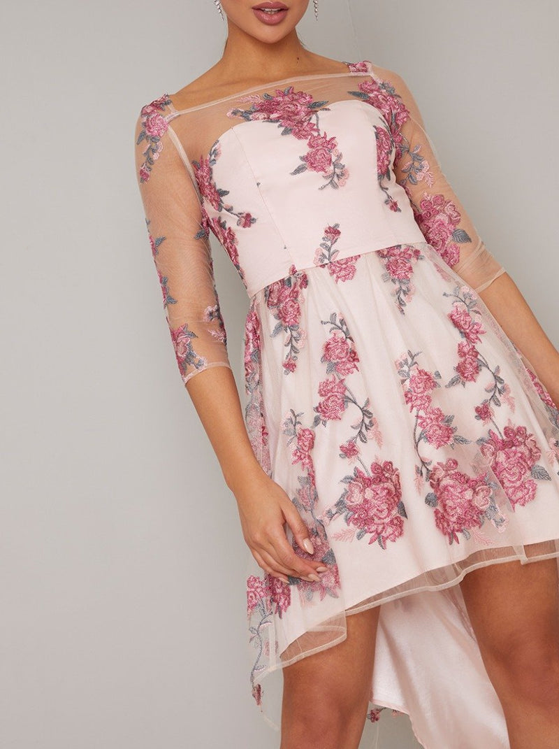 Floral Lace Overlay Sheer Mini Dip Hem Dress in Pink