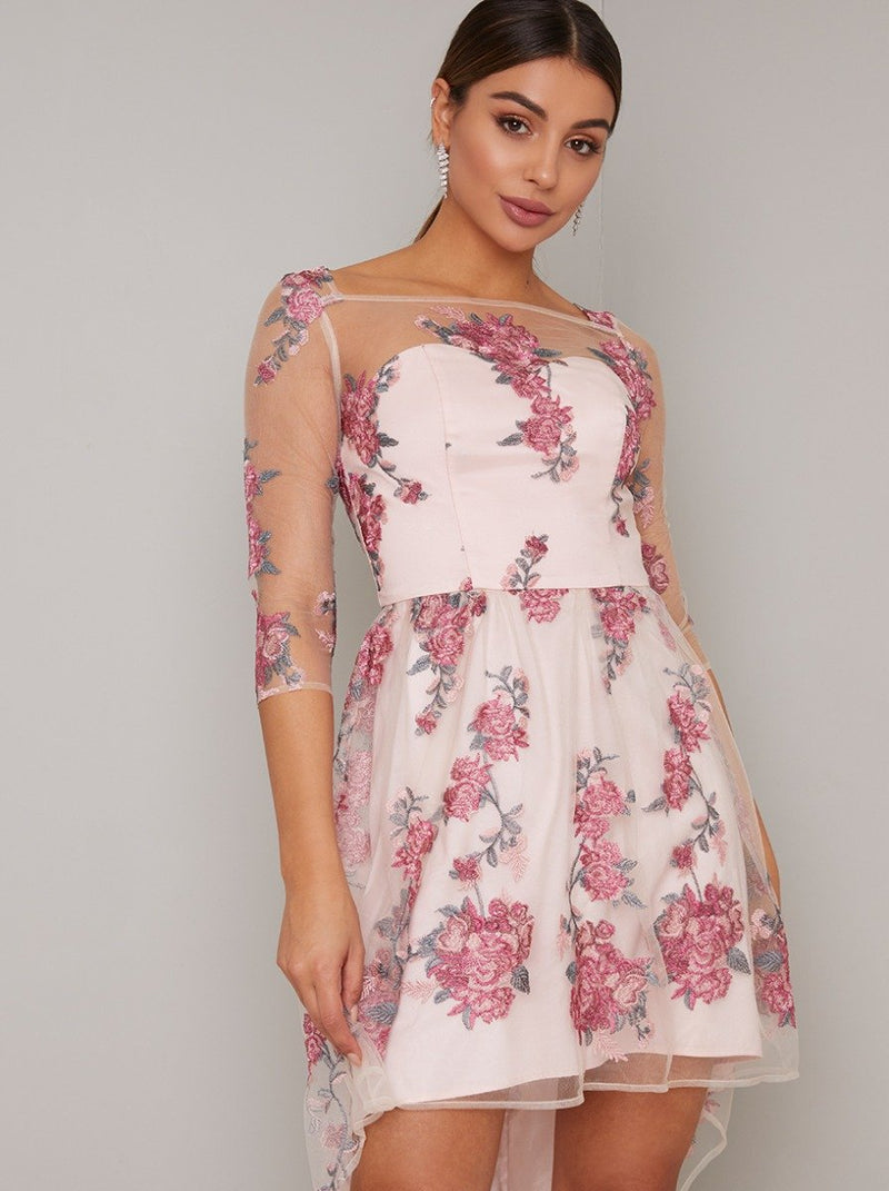 Floral Lace Overlay Sheer Mini Dip Hem Dress in Pink
