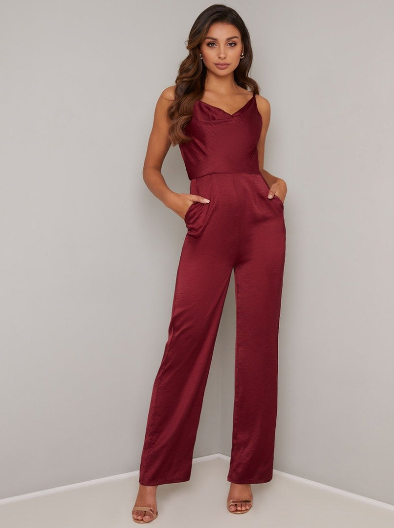 Cowl Neck Wide Leg Jump Suit in Red