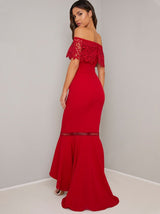 Bardot Lace Detail Bodycon Dip Hem Maxi Dress in Red