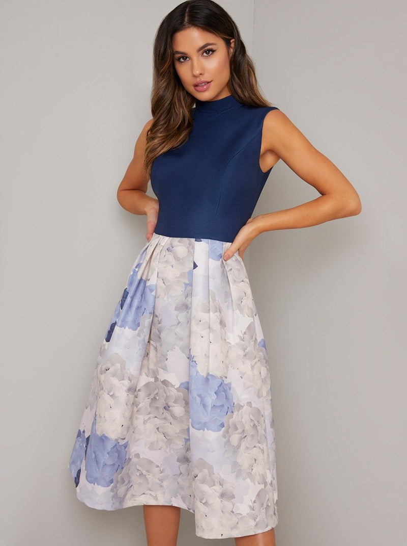 Tall High Neck Floral Contrast Midi Dress in Blue