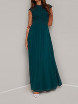 Crochet Maxi Dress with Capped Sleeves in Green