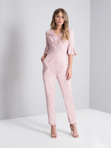 Flute Sleeved Wrap Detail Tapered Jumpsuit in Pink