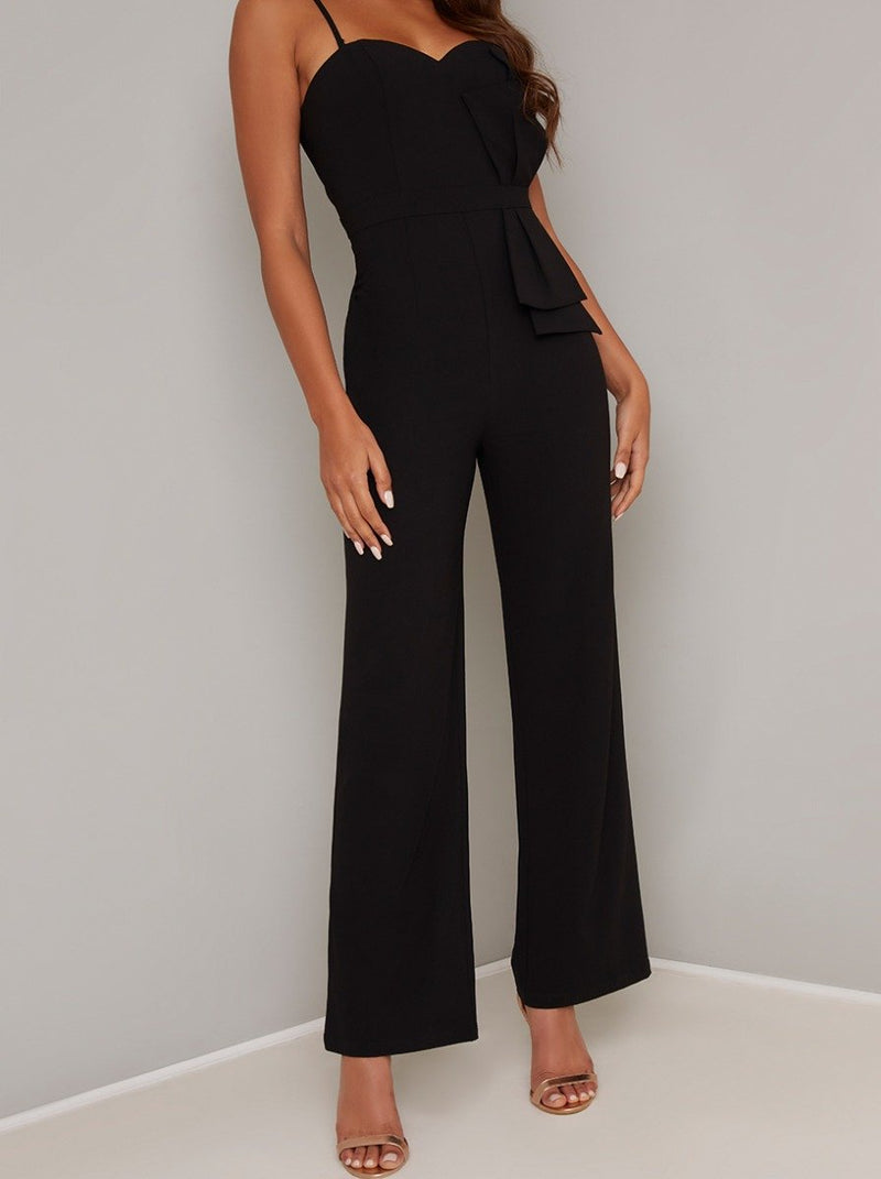 Bow Detail Cami Strap Wide Leg Jumpsuit in Black