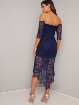 Bardot Long Sleeved Lace Bodycon Dip Hem Dress in Blue