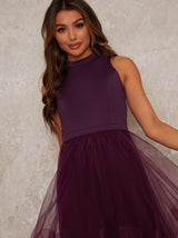 Dip Hem High Neck Dress with Tulle Skirt in Purple