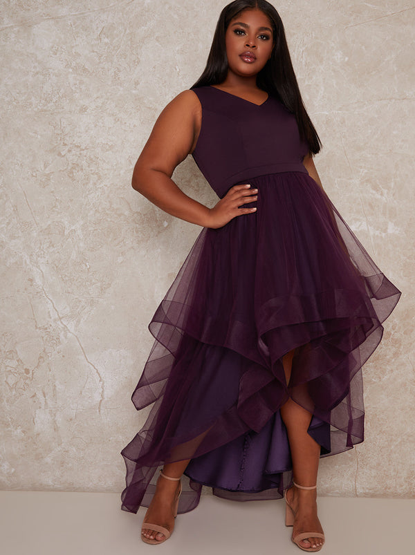Plus Size Tulle Dip Hem V Neck Dress in Purple