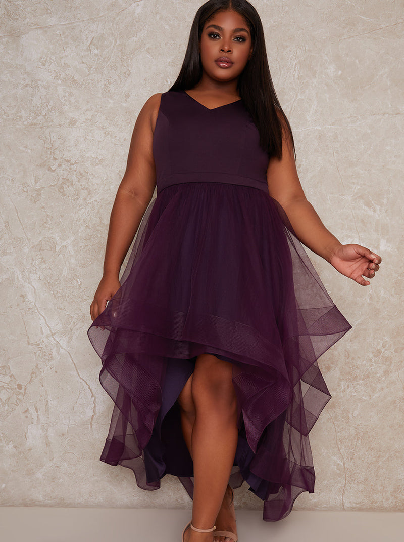 Plus Size Tulle Dip Hem V Neck Dress in Purple